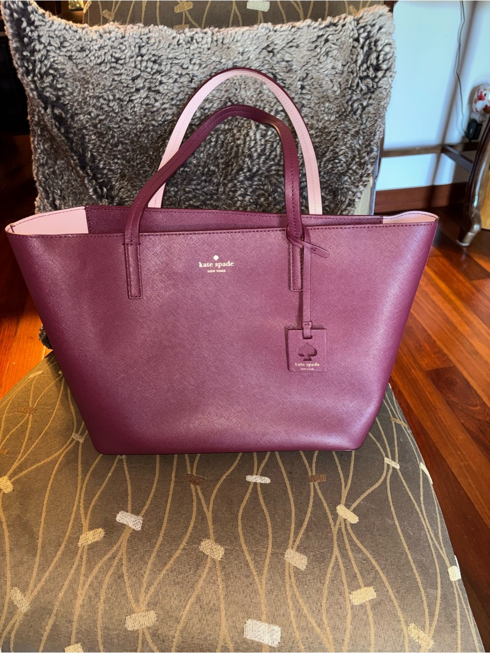 kate spade Plum Leather Tote with Pink Handles